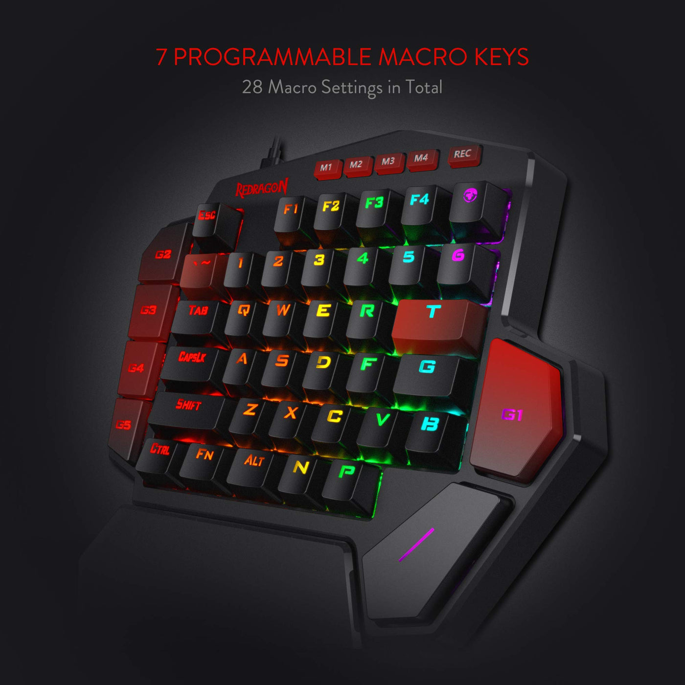 Redragon K585 DITI Einhand RGB Mechanische Gaming-Tastatur, Rote Schalter, Typ-C Professionelle Gaming-Tastatur mit 7 Integrierten Makrotasten, Abnehmbare Handgelenkstütze, 42 Tasten