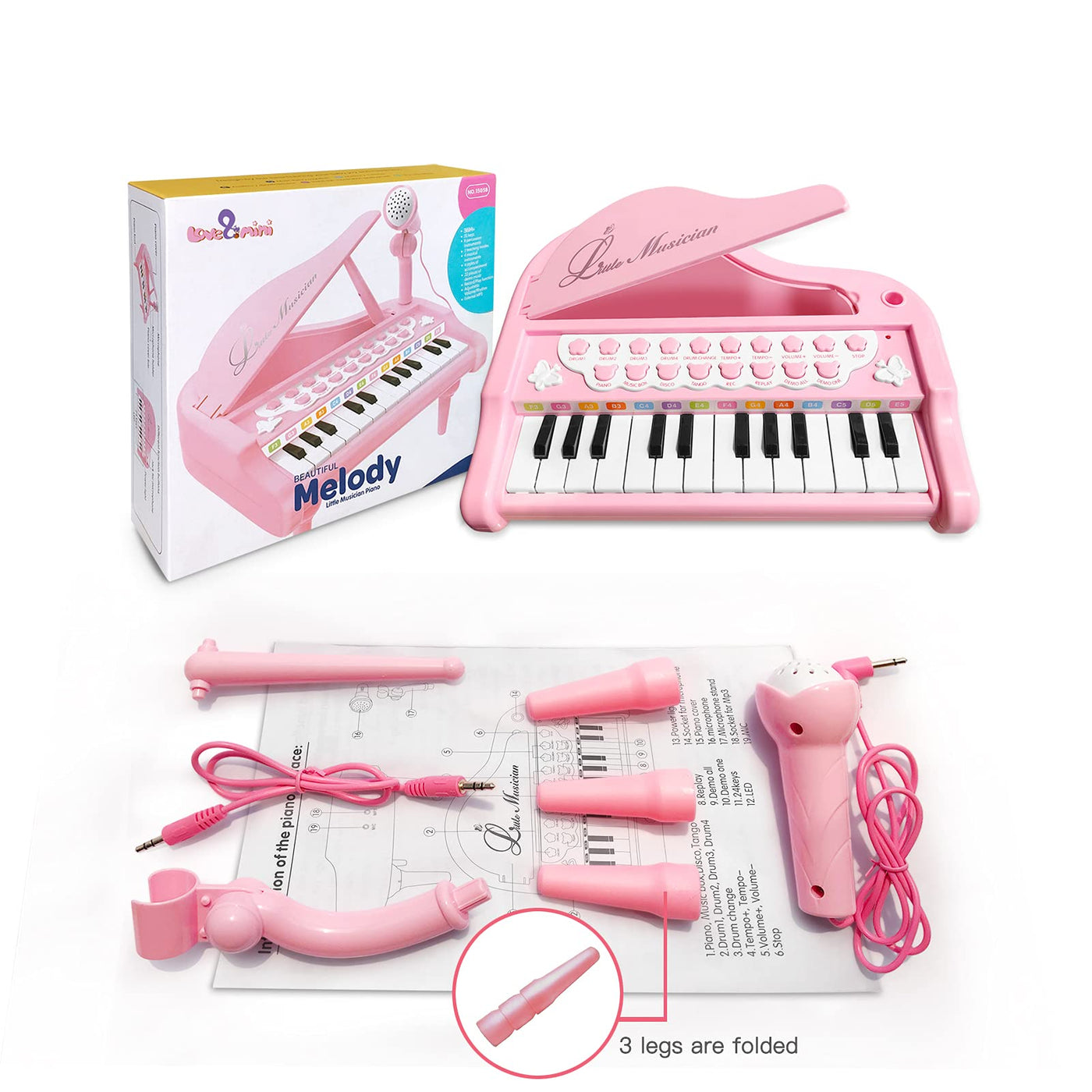Love&Mini Rosa Klavierspielzeug für Mädchen ab 1 2 3 4 5 Jahr Erster Geburtstag Geschenke Kleinkind Klaviermusik Spielzeuginstrumente mit 24 Tasten und Mikrofon
