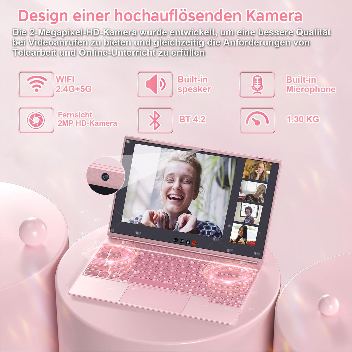 NOTODD 2025 Laptop 14 Zoll Win11 Pro 8+256GB SSD Unterstützung 1TB(TF-1TB) Celeron N5095 (bis 2.9GHz) 1920x1200 Notebook Kühlgebläse Type-C Deutscher Tastaturschutz und kabellose Maus-Rosa