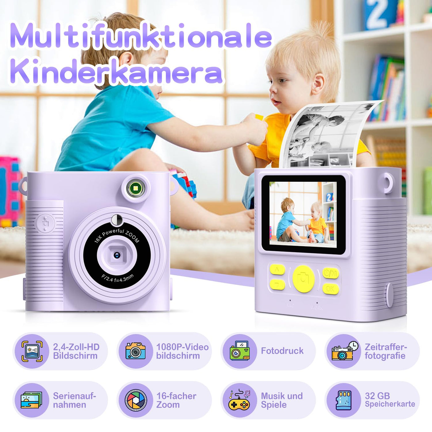 FNITAER Kinderkamera, 2,4 Zoll Sofortbildkamera, 1080P HD Kamera fotokamera mit 32 GB Karte und 3 Rollen Druckfotopapier, Kamera Kinder für 3–12 Jahre alte Jungen und Mädchen