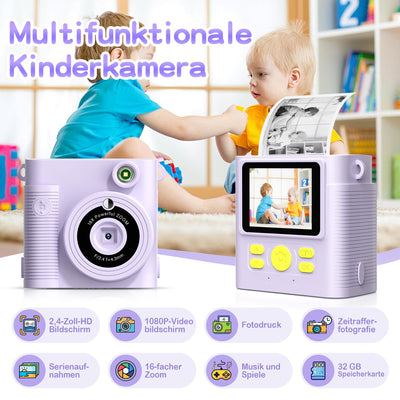 FNITAER Kinderkamera, 2,4 Zoll Sofortbildkamera, 1080P HD Kamera fotokamera mit 32 GB Karte und 3 Rollen Druckfotopapier, Kamera Kinder für 3–12 Jahre alte Jungen und Mädchen