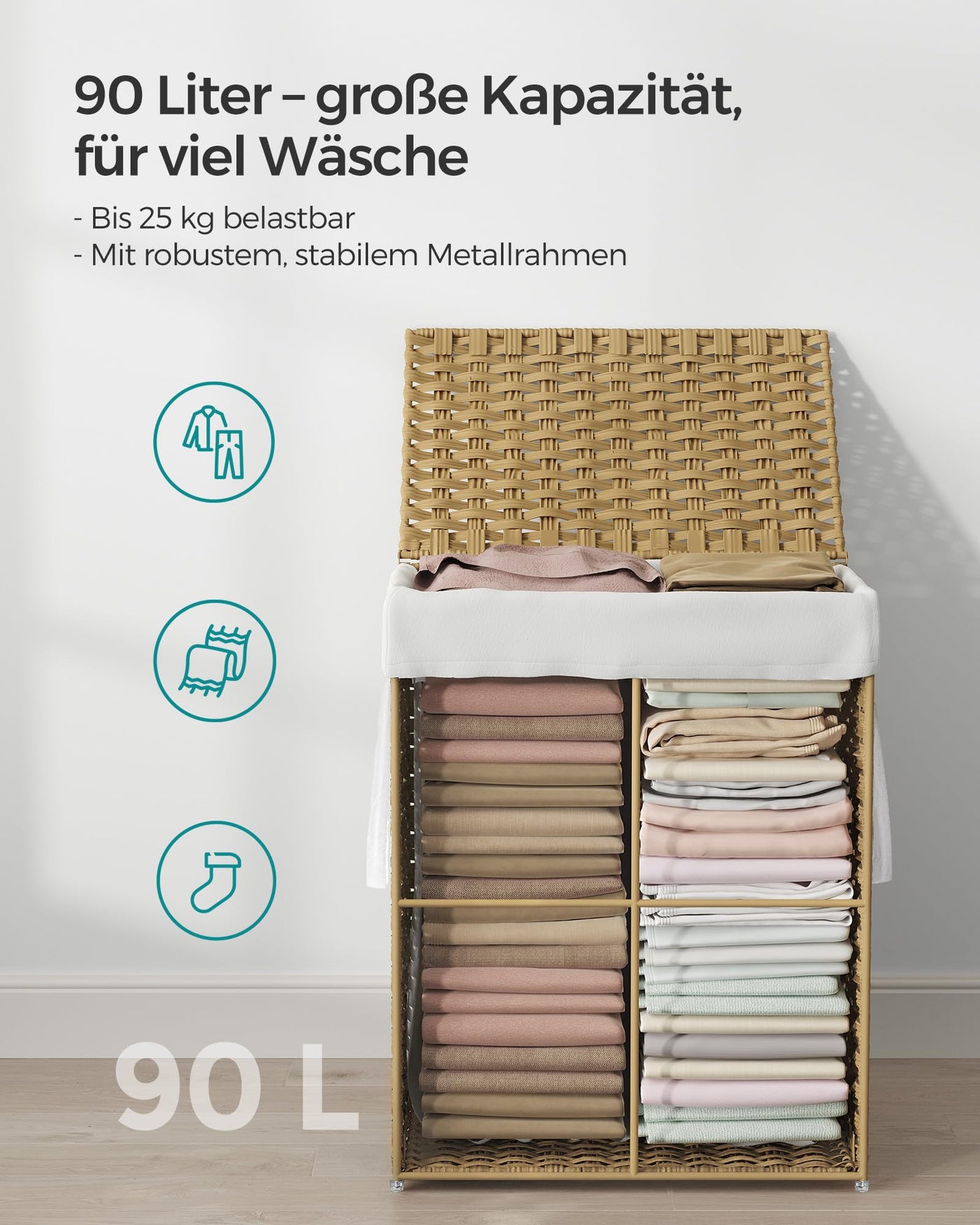 SONGMICS Wäschekorb 90 Liter, handgeflochten, Wäschesammler aus synthetischem Rattan, mit Deckel und Griffen, faltbar, Wäschesack herausnehmbar, naturfarben LCB51NL
