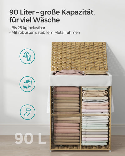 SONGMICS Wäschekorb 90 Liter, handgeflochten, Wäschesammler aus synthetischem Rattan, mit Deckel und Griffen, faltbar, Wäschesack herausnehmbar, naturfarben LCB51NL