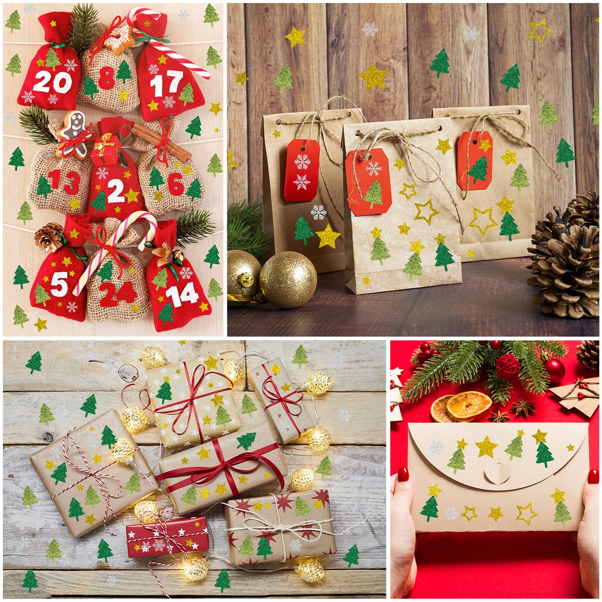 280+ Weihnachtssticker, Glitzer Weihnachtsaufkleber, Tannenbaum Sterne Schneeflocken Sticker, Selbstklebend Weihnachtsdeko für Karten, Geschenke, Adventskalender, Weihnachten Basteln （10 Bogen）