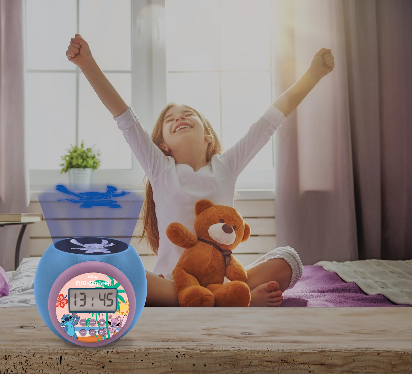 Lexibook, Disney Stitch, Projektionswecker mit Schlummerfunktion und Alarmfunktion, Nachtlicht mit Timer, LCD-Bildschirm, batteriebetrieben, blau, RL977D