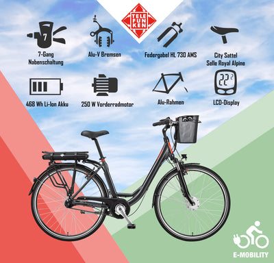 TELEFUNKEN E-Bike Elektrofahrrad Alu, mit 7-Gang Shimano Nabenschaltung, Pedelec Citybike leicht mit Fahrradkorb, 250W und 13Ah, 36V Lithium-Ionen-Akku, 28 Zoll, RC657 Multitalent anthrazit