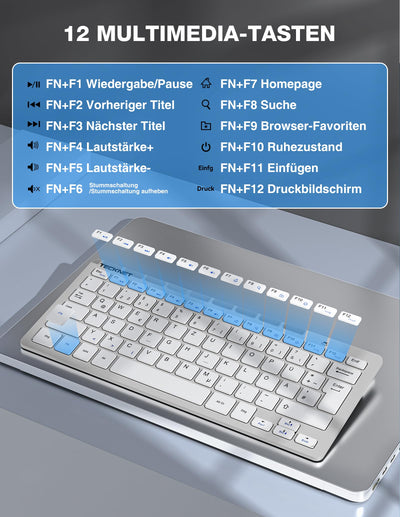 TECKNET Kabelloses Tastatur Maus Set, Deutsch QWERTZ Layout, 2.4 GHz Funk Mini Tastatur Mouse, 15m Reichweite Verbindung, Wireless Leise Funktastatur mit Maus für PC, Laptop, Smart TV, Silber
