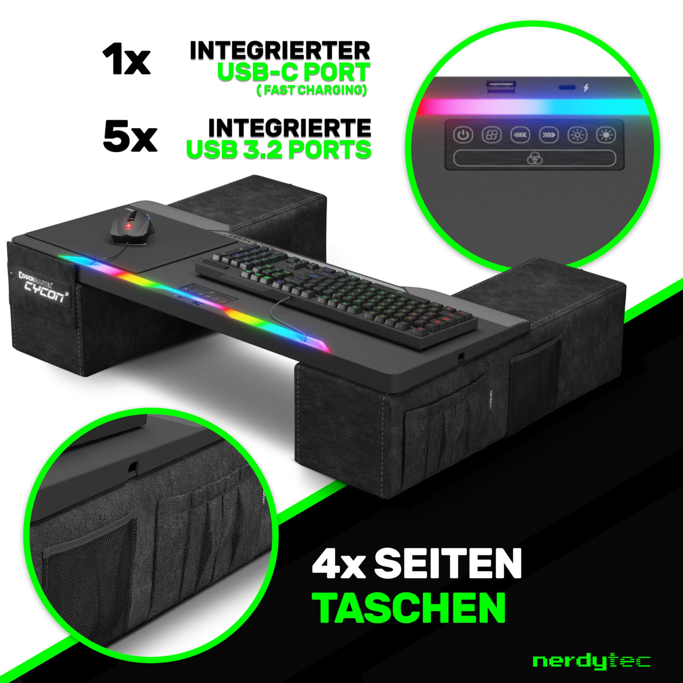 Couchmaster CYCON³ Black HORIZONLIGHT Bar - Ergonomisches Gaming Lapdesk für Couch & Bett - USB Hub Gaming Lapboard - Groß & Stabil (für PC, PS4/5, Xbox One/Series X, Laptops)