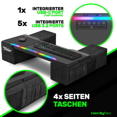 Couchmaster CYCON³ Black HORIZONLIGHT Bar - Ergonomisches Gaming Lapdesk für Couch & Bett - USB Hub Gaming Lapboard - Groß & Stabil (für PC, PS4/5, Xbox One/Series X, Laptops)