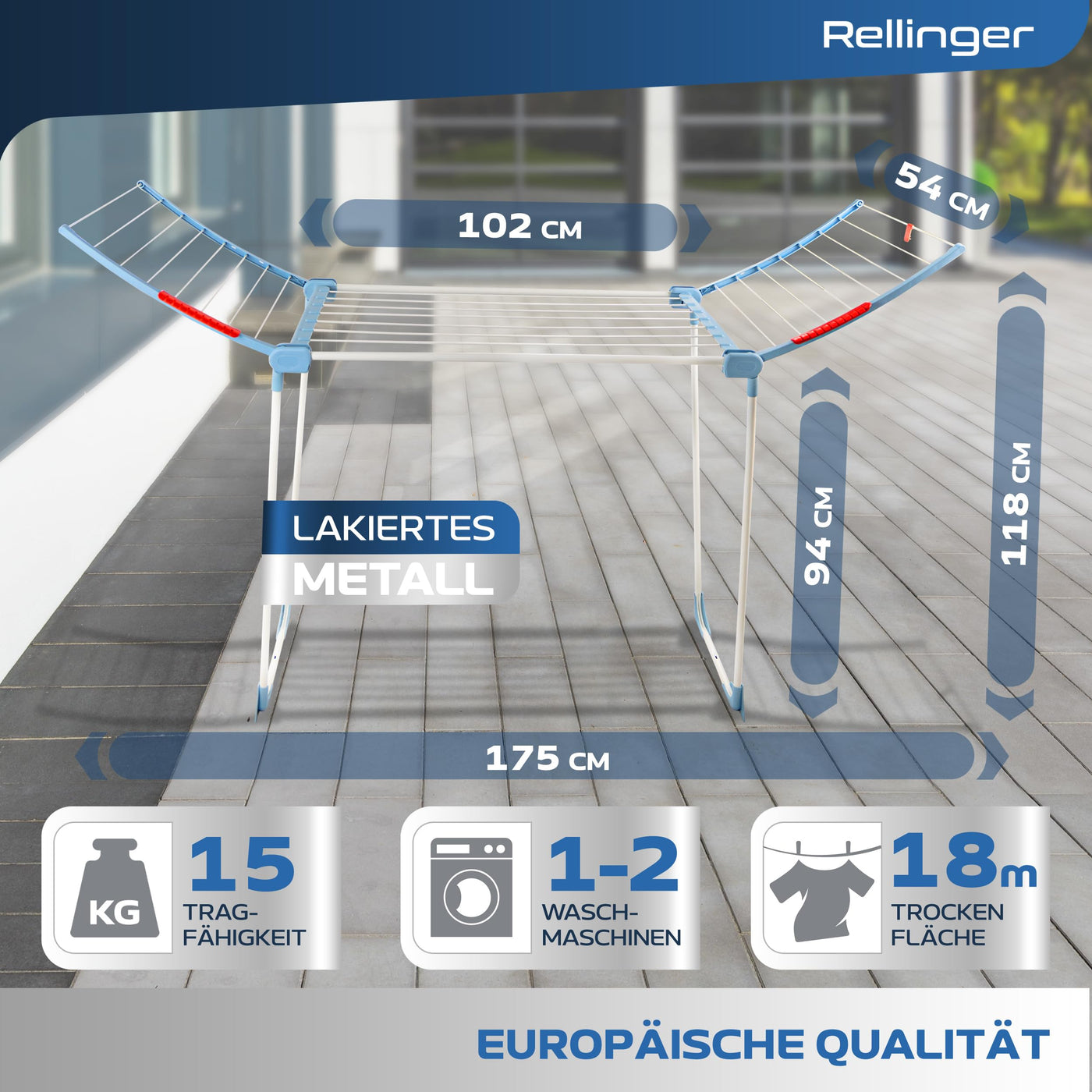 RELLINGER® Wäscheständer [18M TROCKENLÄNGE] - Premium Wäschetrockner Ständer - Faltbarer Wäscheständer XXL - Standtrockner rutschfest - Wäscheständer Balkon - Clothes Drying Rack - Laundry Rack