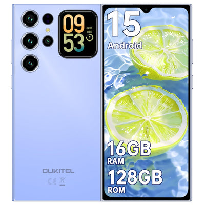 OUKITEL C62 Android 15 Smartphone Ohne Vertrag - 6.88" HD+ Handy mit Rückseitigem Display 16GB RAM+128GB ROM/1TB, 5000mAh Handy Günstig, Dual SIM Simlockfreie Handys/Face ID/GPS/OTG - Blau