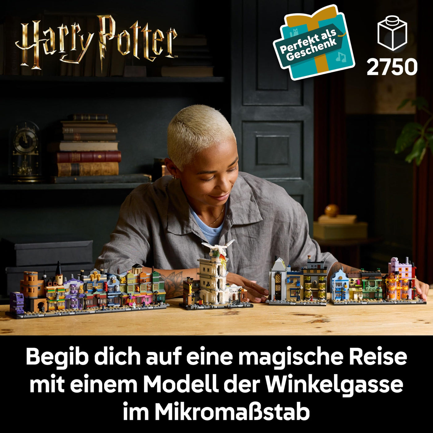 LEGO Harry Potter Die Zauberläden der Winkelgasse - Miniaturstraße zum Ausstellen - 12 Mikrofiguren zum Sammeln, inkl. Harry Potter, Draco Malfoy, Hermine Granger - Geschenk für Erwachsene 76444