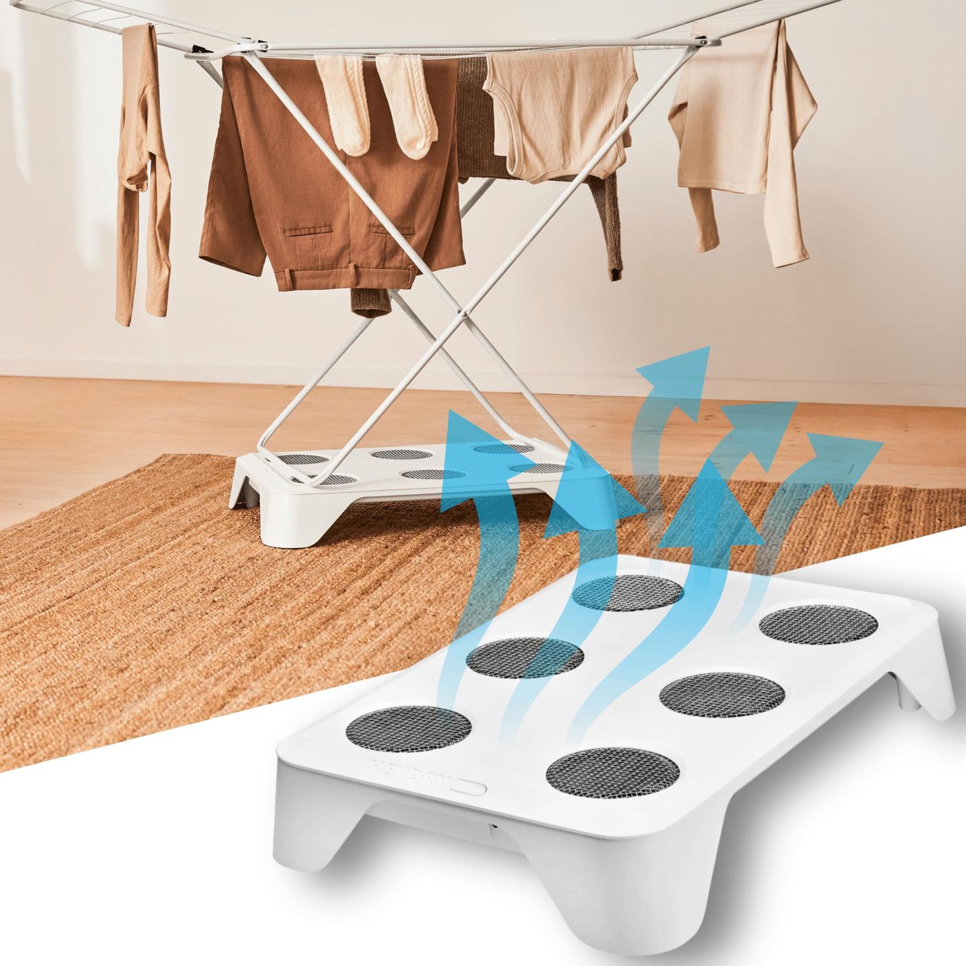 HEYDRY Wäschetrockner Wäscheständer - Made in Germany - schneller trockene Wäsche - platzsparend energiesparend klein - für jede Wäsche - Trockner Ventilator Lüfter - weiß