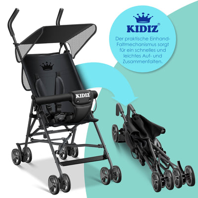 KIDIZ® Kinderwagen CITY Buggy Kinderbuggy klappbar Sportwagen Faltbar 360° 4-Zoll-Räder Inkl. Sonnen- und Regenverdeck zusammenklappbar 5-Punkt-Sicherheitsgurt ab 6 Monate, Schwarz