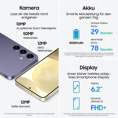 Samsung Galaxy S24 AI Smartphone, Android-Handy ohne Vertrag, 8 GB RAM, 256 GB Speicher, 50-MP-Kamera, Lange Akkulaufzeit, Cobalt Violet, 3 Jahre Herstellergarantie