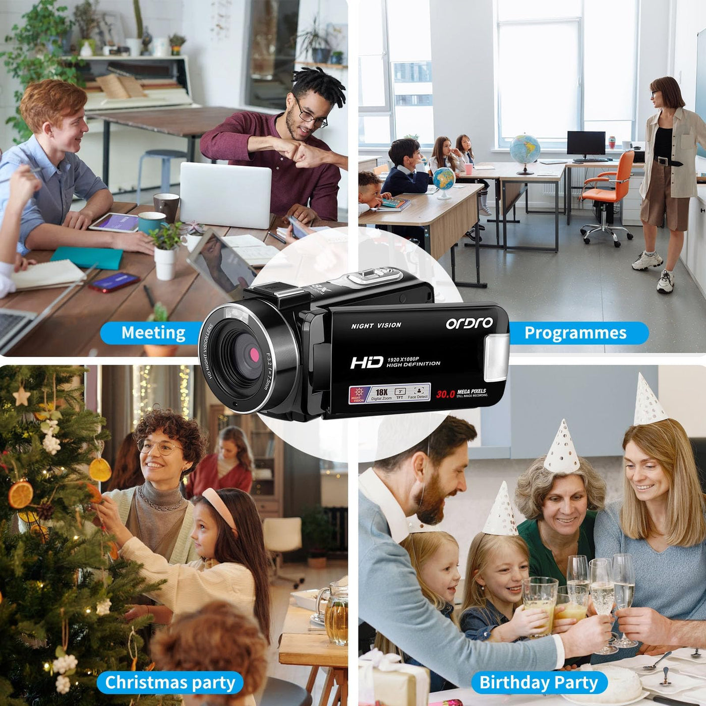 ORDRO B320 Videokamera Camcorder 1080P, 18X Zoom Vlog Kamera, Nachtsicht Kamera, 270° Drehbares HD-Display für Vlogging, YouTube und Videoaufnahmen