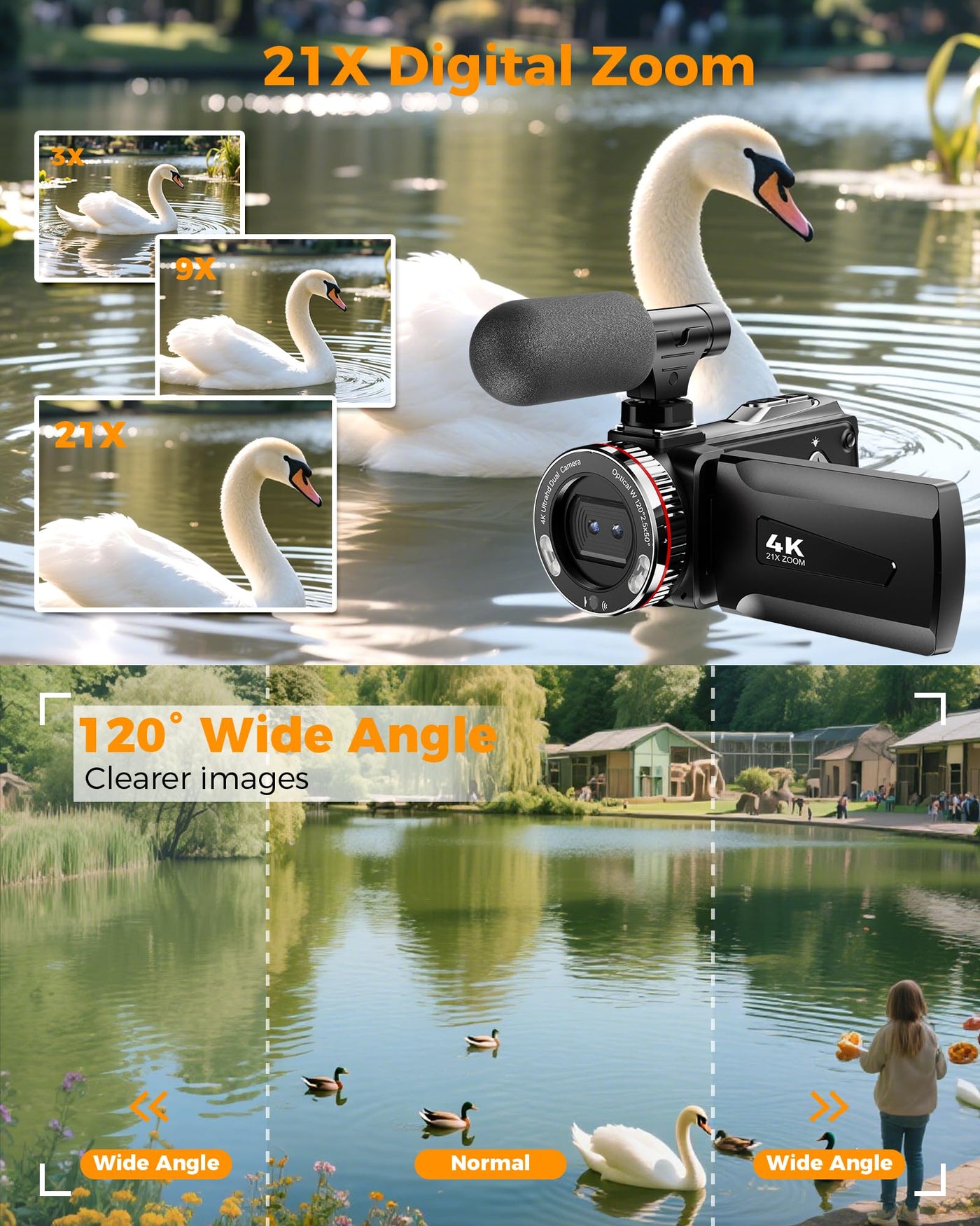 Videokamera 4K 60FPS Camcorder, 48MP 21X Digitalzoom Vlogging Kamera für YouTube, 3.0'' 270°Drehbarer Screen Vlog Camera, Video Kamera mit Externem Mikrofon, Fernbedienung, 64 GB Karte, 2 Batterien