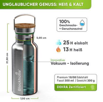 Blockhütte Premium Edelstahl Trinkflasche isoliert I 500ml I mit Flaschenbürste I Die iso Trinkflasche ist auslaufsicher I Wasserflasche spülmaschinenfest für Kinder, Schule I BPA Frei