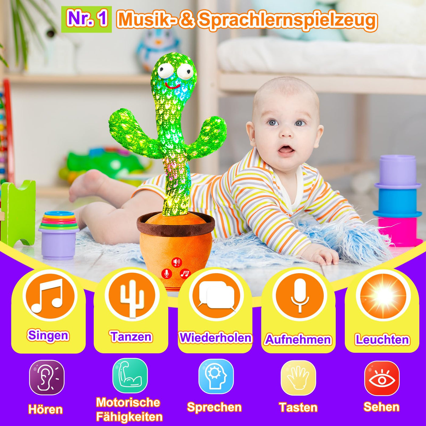 Vitosup Tanzender Sprechender Kaktus Baby Spielzeug, Lautstärke einstellbar, Nachahmend Singend Wiederholend, Interaktives Plüsch-Babyspielzeug/Geschenk für Jungen Mädchen