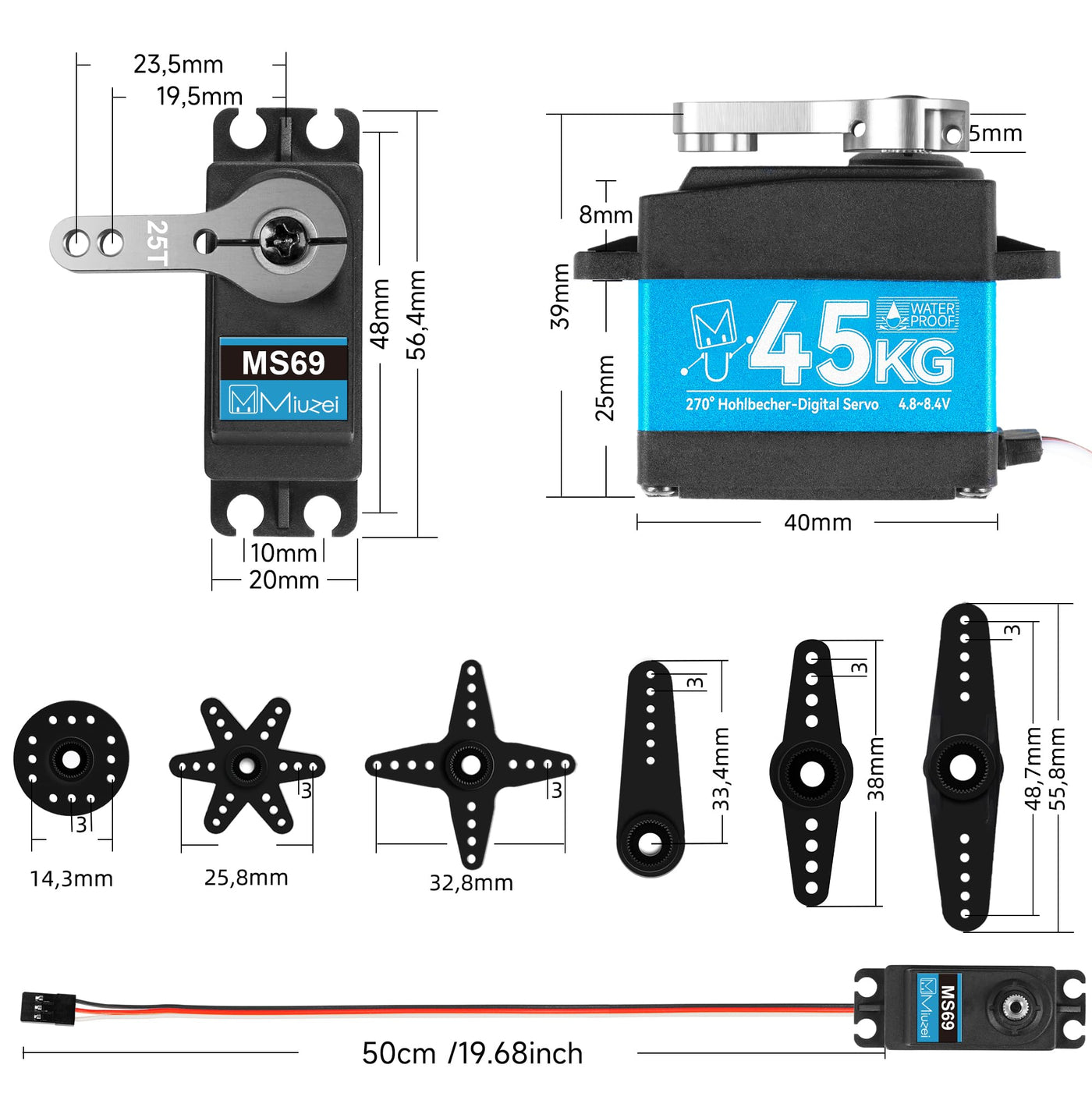 Miuzei RC Servo 45KG 270° Digital Servomotor High Torque Motor Metall Getriebe für 1/10 1/8 Auto Car Boot Roboter Arm Flugzeug Wasserdicht 4.8-6.0-8.4V Standart Servo mit 50cm Cable 25T Horn