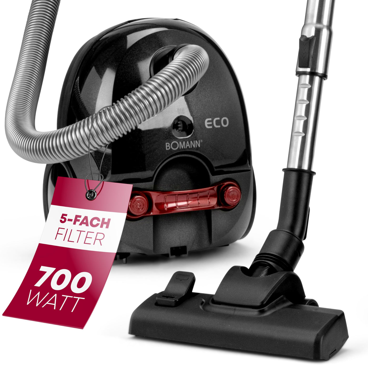Bomann® Bodenstaubsauger mit energiesparenden 700 Watt | Staubsauger mit 5-Fach Mikrofiltersystem | Sauger mit Beutel | Umschaltbare Bodenbürste und Bürsten-/Fugendüse | BS 9019 CB N anthrazit
