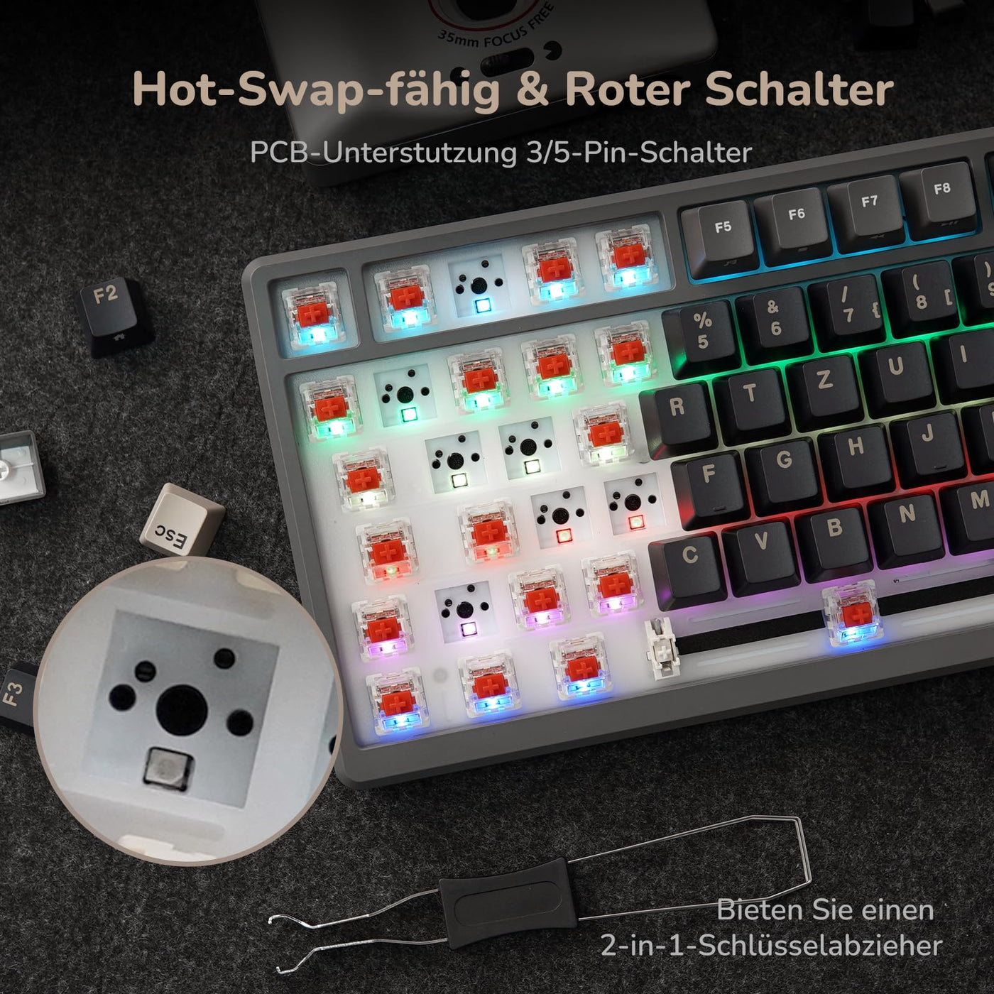 RK ROYAL KLUDGE M75 Gaming Tastatur kabellos 75% Prozent TKL Mechanische Tastatur RGB 2,4 GHz Wireless/Bluetooth/USB-C QWERTZ mit OLED-Smart-Display und Knopf Hot Swappable Roter Schalter, Grau