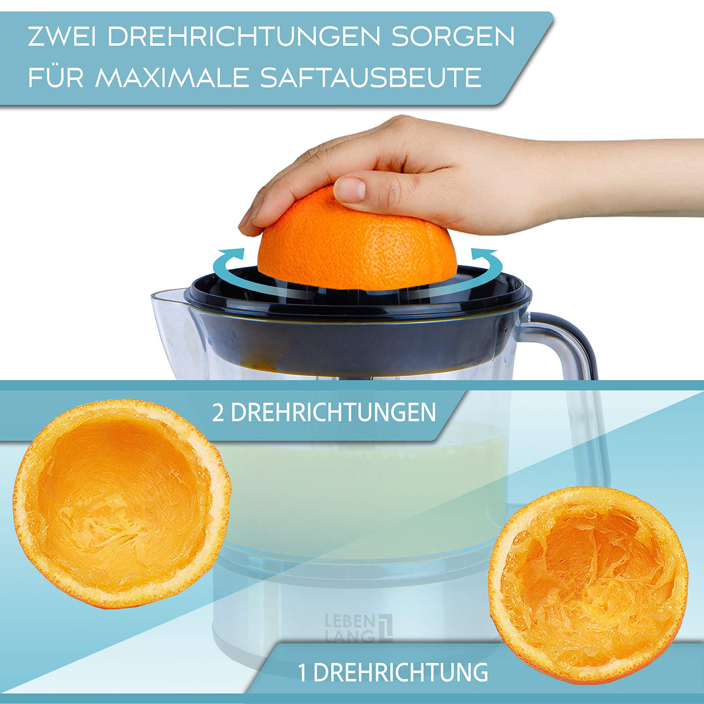 LEBENLANG Zitronenpresse elektrisch hohe Saftausbeute – Saftpresse, Orangenpresse 2 Drehrichtungen – Elektrische Fruchtpresse 2 Kegel - Orangen Edelstahl Zitruspresse