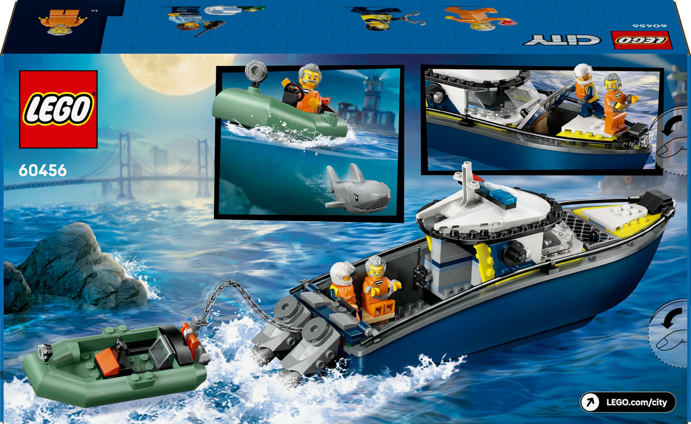 LEGO City Verfolgungsjagd im Polizeiboot – Spielset mit schwimmfähigem Schnellboot, Schlauchboot des Ganoven, 3 Mini-Figuren und Einer Haifigur – Geschenk für Jungen und Mädchen ab 6 Jahren – 60456