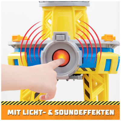 Rubble & Crew – Baupfoten Hof Kran-Spielset (68 cm) mit Rubble-Actionfigur, Planierraupen-Baufahrzeug und 340 g Kinetic Sand Build-it Sand, Spielzeug geeignet für Kinder ab 3 Jahren