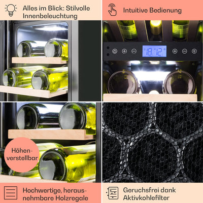 Klarstein Weinkühlschrank 2 Zonen, 53L Getränkekühlschrank, Kleiner Einbau-Weinschrank Schmal, Wein-Kühlschrank mit Glastür, Indoor/Outdoor Flaschenkühlschrank, Wine Fridge für 17 Flaschen