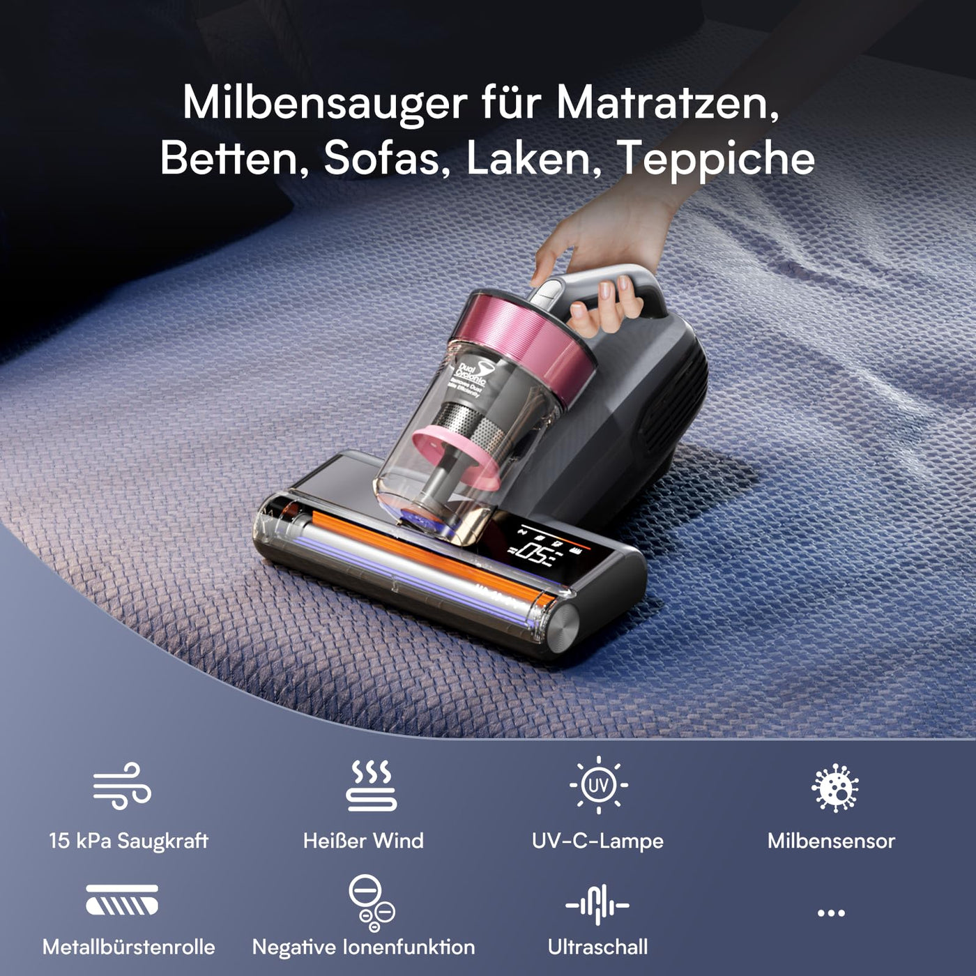 Jimmy BX8 Milbensauger 600W, Milbenstaubsauger für Matratzen mit UV-Licht, 65℃ Heißluft, Staubsensor, Negativ-Ionen-Funktion zur Luftreinigung LED-Bildschirm, Hausstaubmilben Bekämpfen Sauger