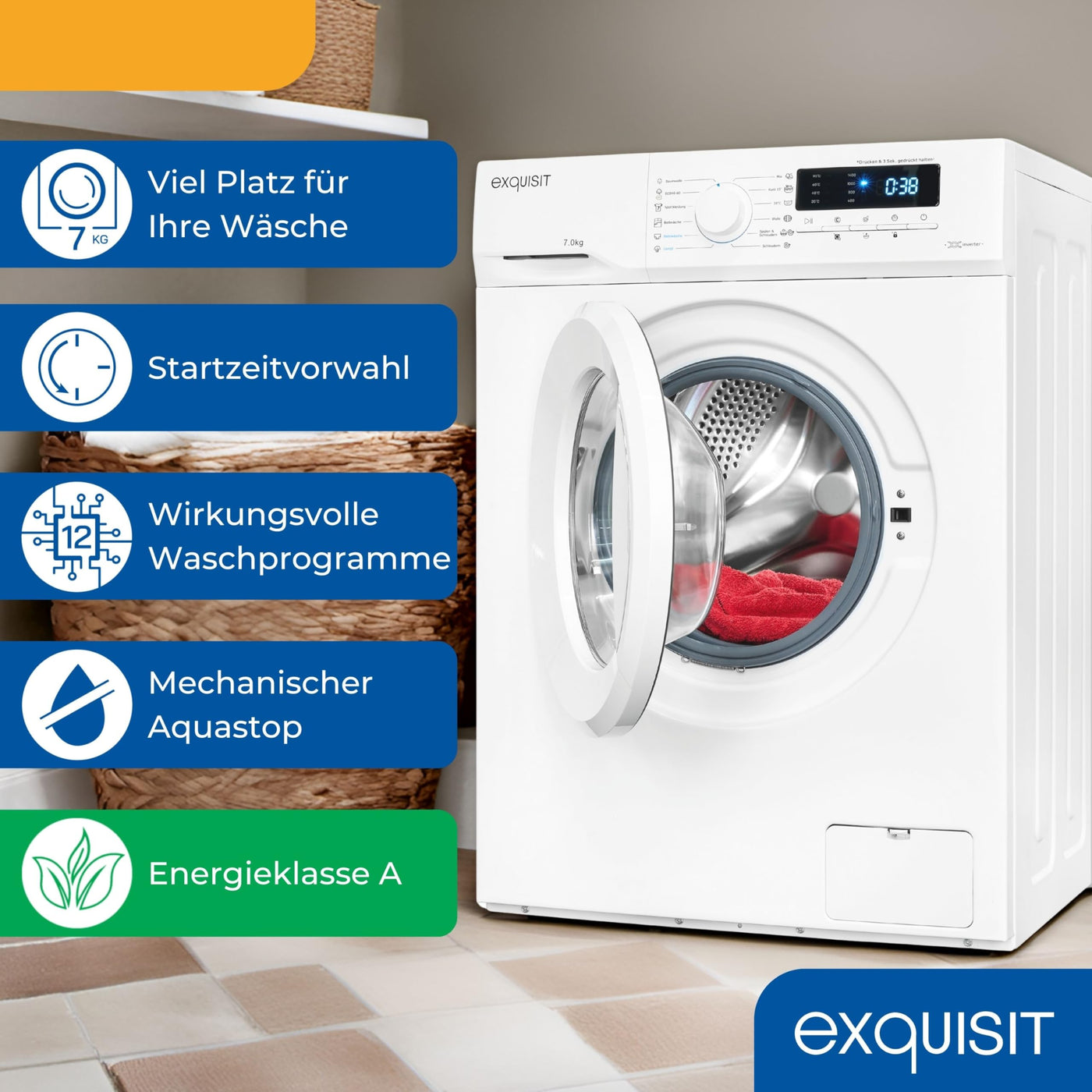 Exquisit Waschmaschine 7kg, Energieeffizienzklasse A, max. 1400 U/Min, Kurzprogramm, Mixprogramm, Startzeitvorwahl (3-24 Std.), Aquastop, 12 Waschprogramme, WA57014-020A weiss