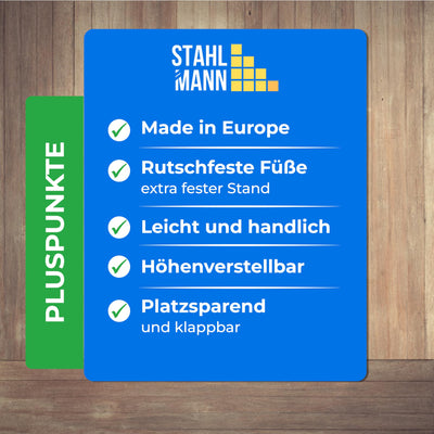 STAHLMANN ® Bügelbrett [114x34 Bügelfäche ] mit rutschfesten Füßen – robuster Bügeltisch – extra stabiles Bügelbrett [Made IN EU] – Tischbügelbrett