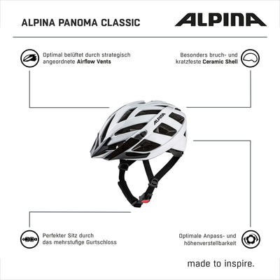 ALPINA PANOMA CLASSIC - Leichter, Optimal Belüfteter Touren Fahrradhelm Mit Optionalen LED-Licht Für Erwachsene, white gloss, 52-57 cm