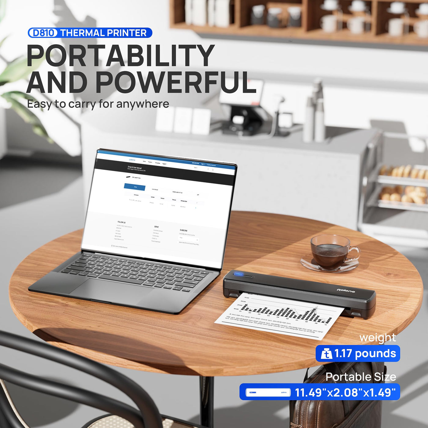 POLONO D810 Thermodrucker A4 Wireless für Reisen, Mobiler Drucker A4 Unterstützung für 8.5"x11" US Brief, Tragbarer drucker Kompatibel mit iOS, Android, Laptop für Büro, Auto, Schwarz