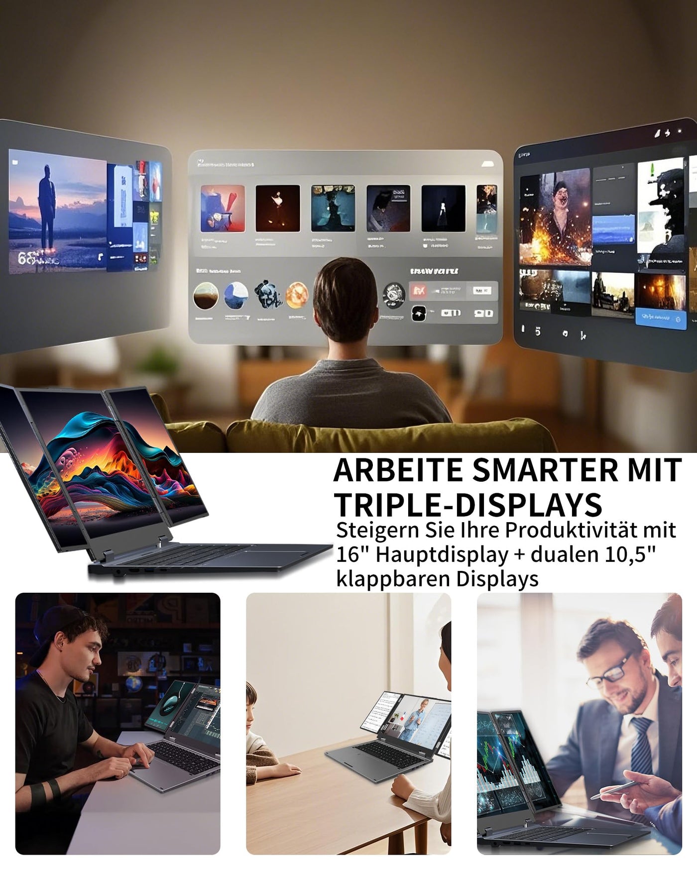 Laptop mit 3 Bildschirmen, 16" Hauptdisplay + 2x10,5", i7-12700H, 32GB RAM, 2TB SSD, Win 11 Pro, Wi-Fi 6, BT 5.2, Gesicht-/Fingerabdruck, deutsches QWERTZ-Layout, USB-C, HDMI