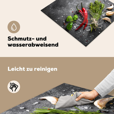 KitchenYeah© Herdabdeckplatte Einteilig Küche Ceranfeld Abdeckplatte Cerankochfeld Abdeckung Induktionskochfeld Schutzmatte Pfeffer - Kräuter - Gewürze - Beton - 60x52 cm