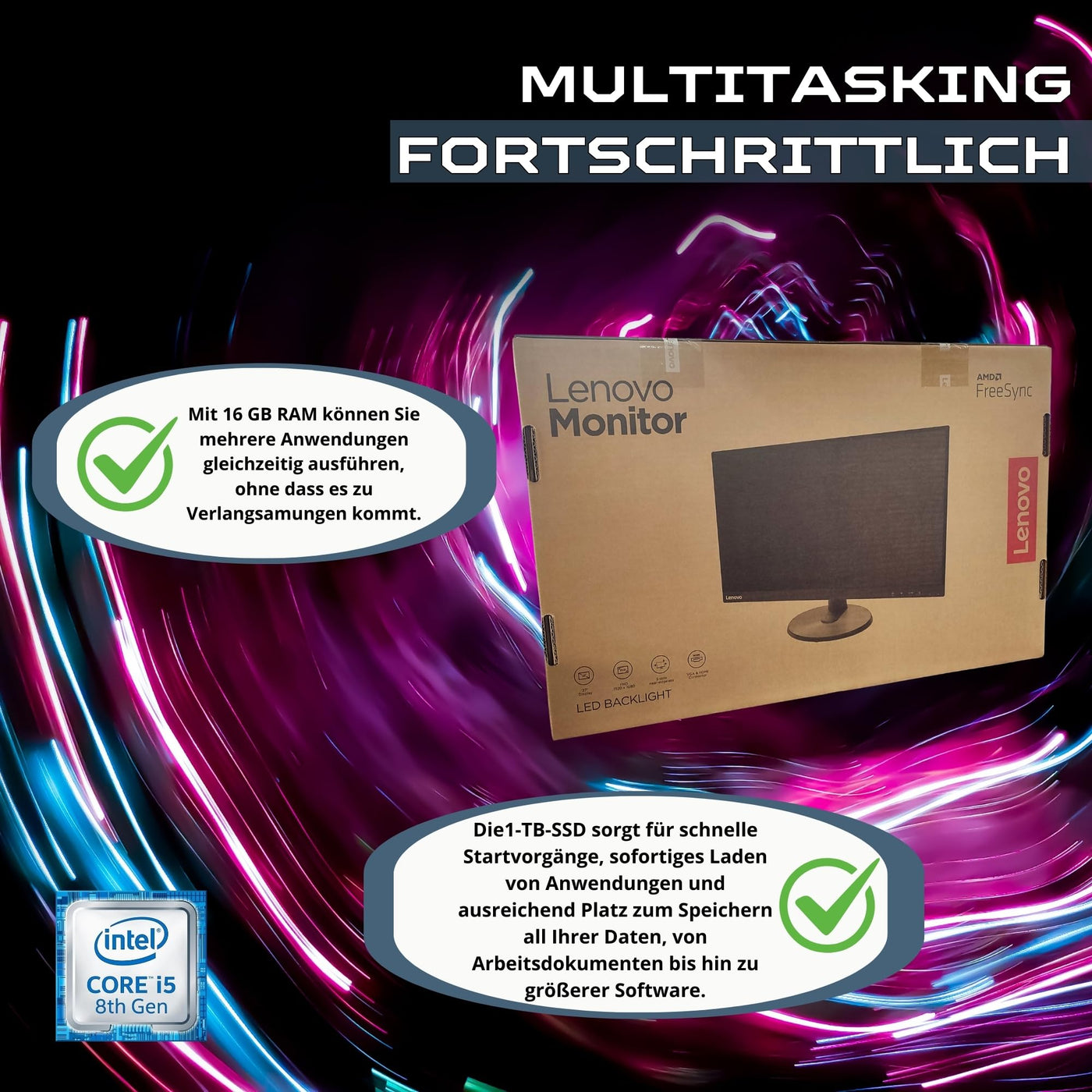 Lenovo Computer All in One 27 Zoll i5 8500 16 GB Ram 1 Tera SSD Win 11 Pro Office 2021 Pro 36 Monate Garantie -c27-40