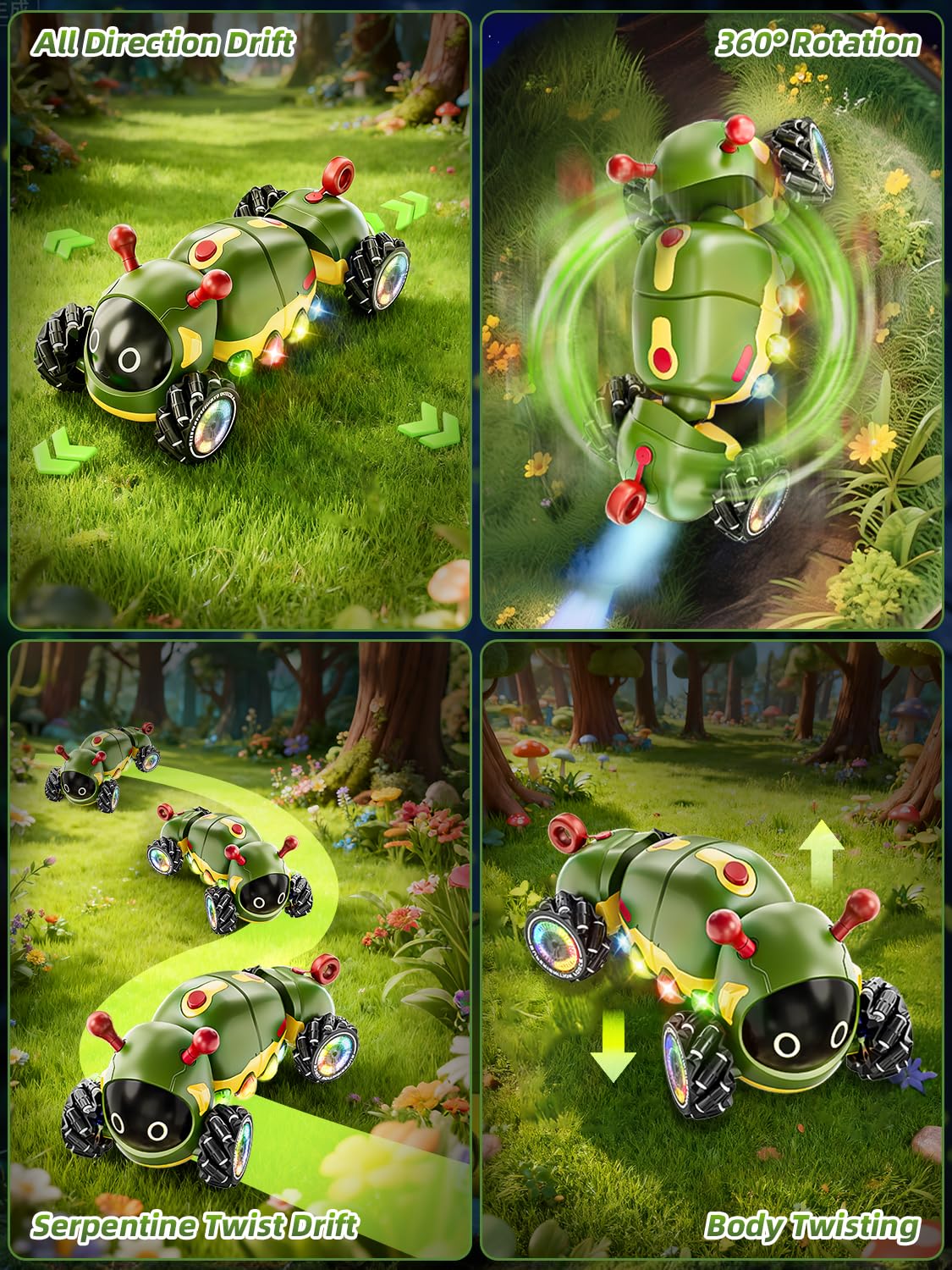 Kssvzz Ferngesteuertes Auto Raupe mit Musik, 2,4 GHz RC Stunt Car mit Spray & Cool Beleuchtung, 4WD 360°Rotation Krabbelndes Insekt Monster Truck, Spielzeug Geschenk für 3 4 5 6 7 8 9+Junge Mädchen