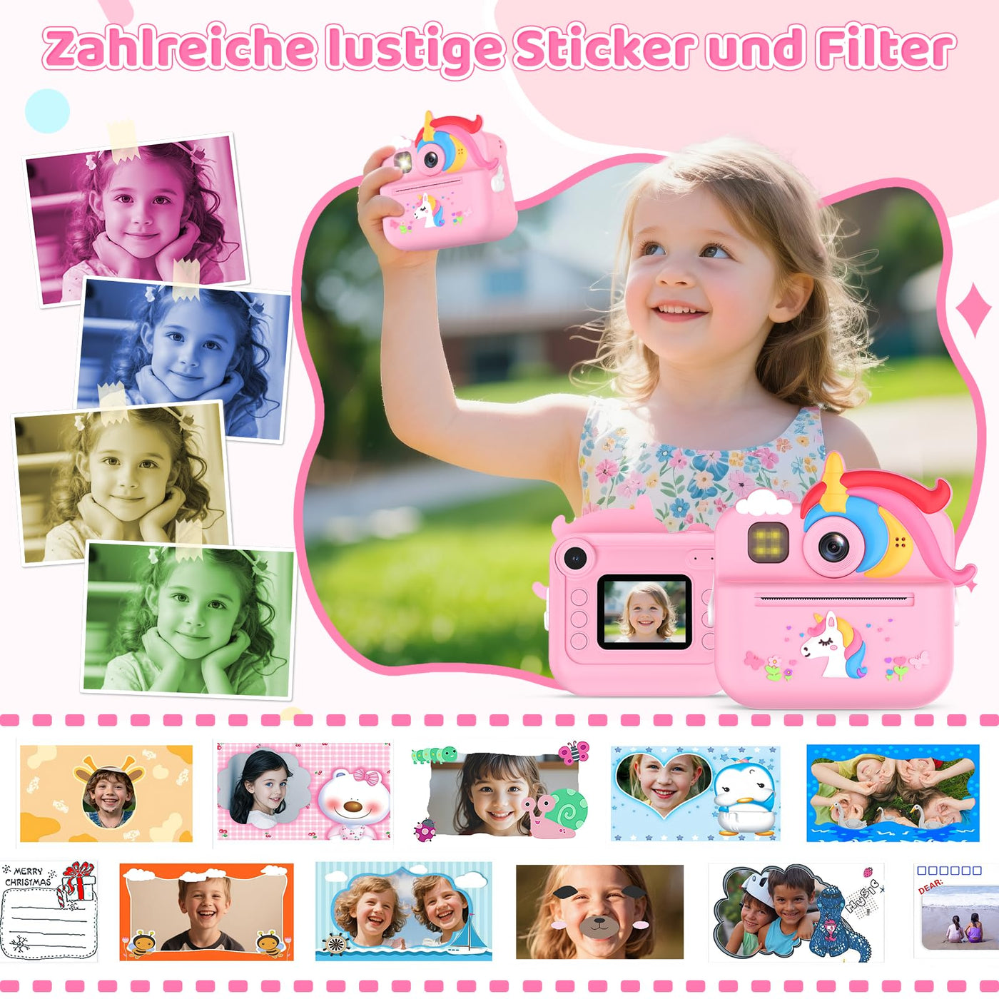 Fippesax Sofortbildkamera Kinder, 1080P HD Kinderkamera mit 32-GB-Karte, 48MP Selfie Kinderkamera Sofortbildkamera, Kinderspielzeug Einhorn Geschenke für Mädchen & Jungen von 3-12 Jahren