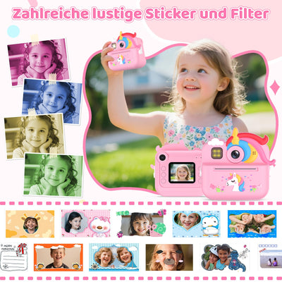 Fippesax Sofortbildkamera Kinder, 1080P HD Kinderkamera mit 32-GB-Karte, 48MP Selfie Kinderkamera Sofortbildkamera, Kinderspielzeug Einhorn Geschenke für Mädchen & Jungen von 3-12 Jahren