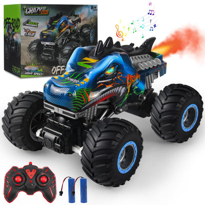 Rhybor Ferngesteuertes Auto Dinosaurier 1:16 Maßstab RC Monster Truck Fernbedienung Auto mit Sprühnebel-Musik-LED-Leuchten, 2,4 GHz 20 km/h RC Auto Spielzeug für Kinder ab 3 4 5 6 8 10 Jahre
