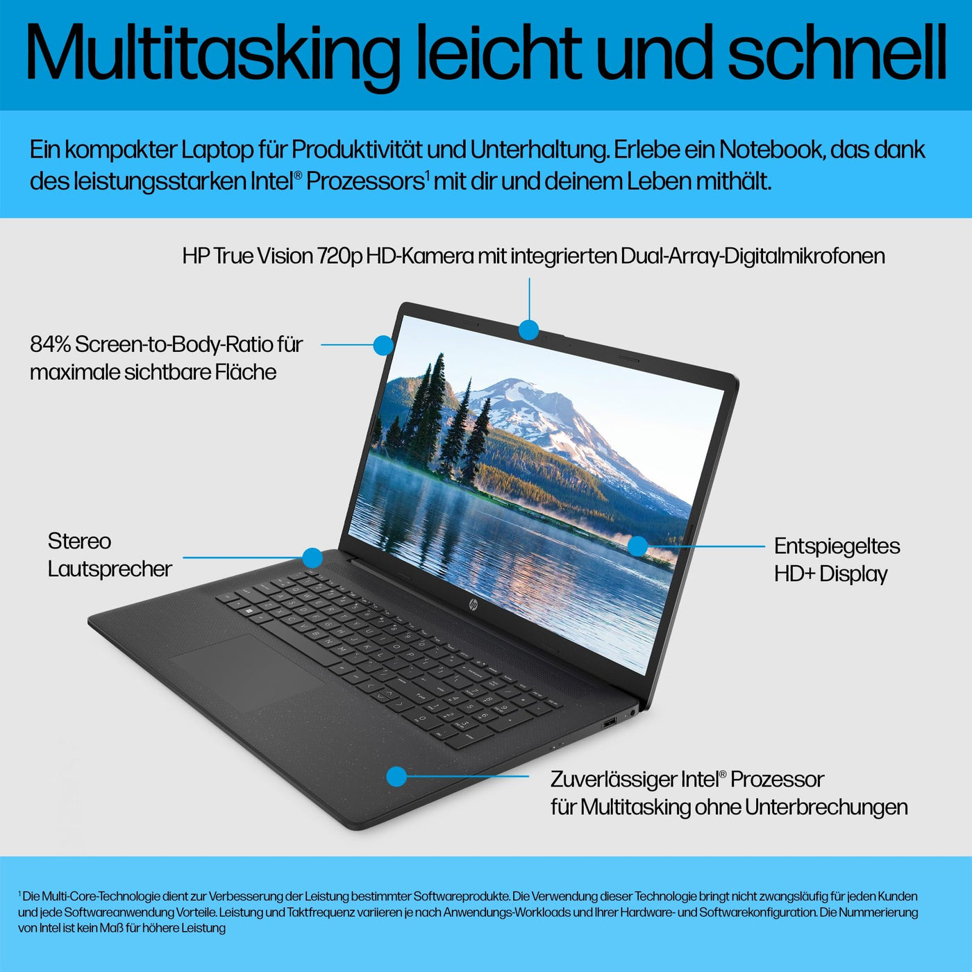 HP Laptop | 17,3" HD+ Display | Intel Celeron N4120 | 8 GB DDR4 RAM | 256 GB SSD | Intel UHD-Grafik | Windows 11 | QWERTZ | Schwarz