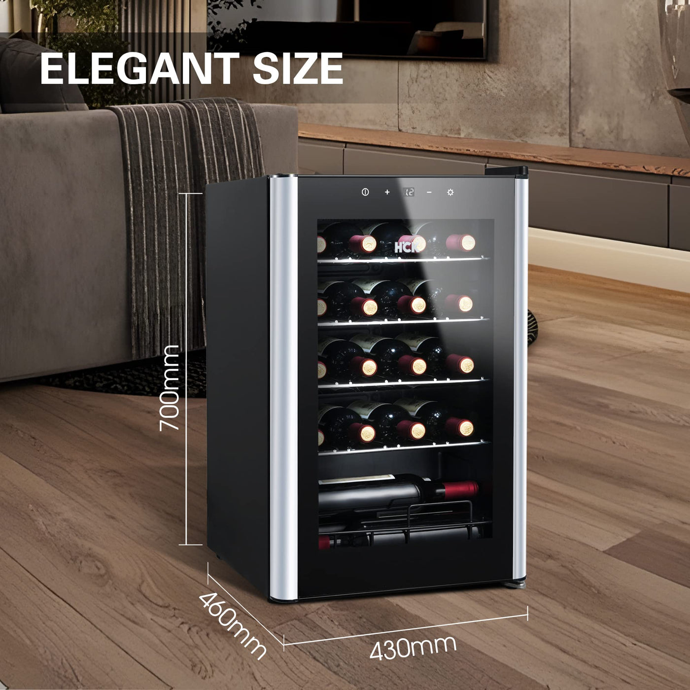 HCK 70L Weinkühlschrank für 24 Flaschen, 4-22°C Weinkühlschränke Flaschenkühlschrank, Getränkekühlschrank mit Glastür, Geräuscharmer Weinschrank, Frostfreie Glastür, Vollglas-Touchpanel, Schwarz