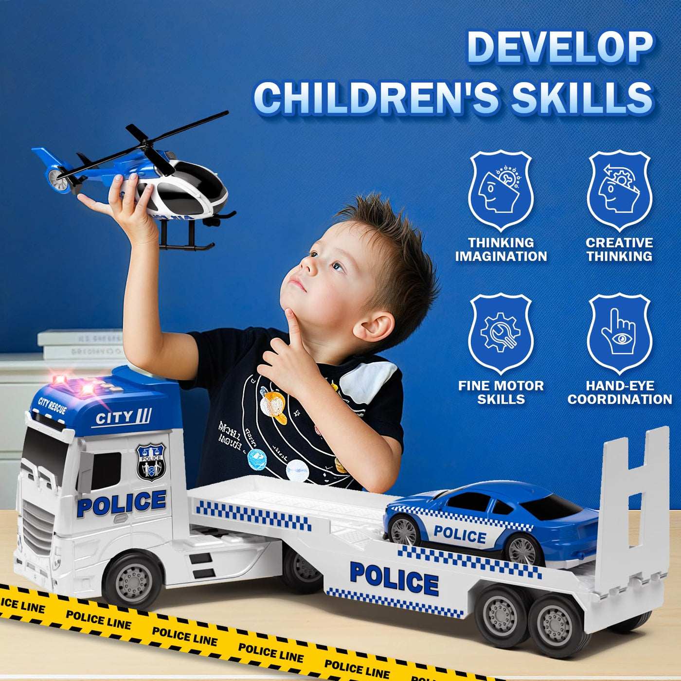 Tacobear Polizei Lastwagen Spielzeug Geschenke ab 2 3 4 5 Junge groß LKW Spielzeug & Hubschrauber Polizeiauto Abnehmbar Anhänger, Reibungsbetrieb Autotransporter Spielzeug Geschenkideen Kinder Jungen