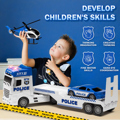 Tacobear Polizei Lastwagen Spielzeug Geschenke ab 2 3 4 5 Junge groß LKW Spielzeug & Hubschrauber Polizeiauto Abnehmbar Anhänger, Reibungsbetrieb Autotransporter Spielzeug Geschenkideen Kinder Jungen