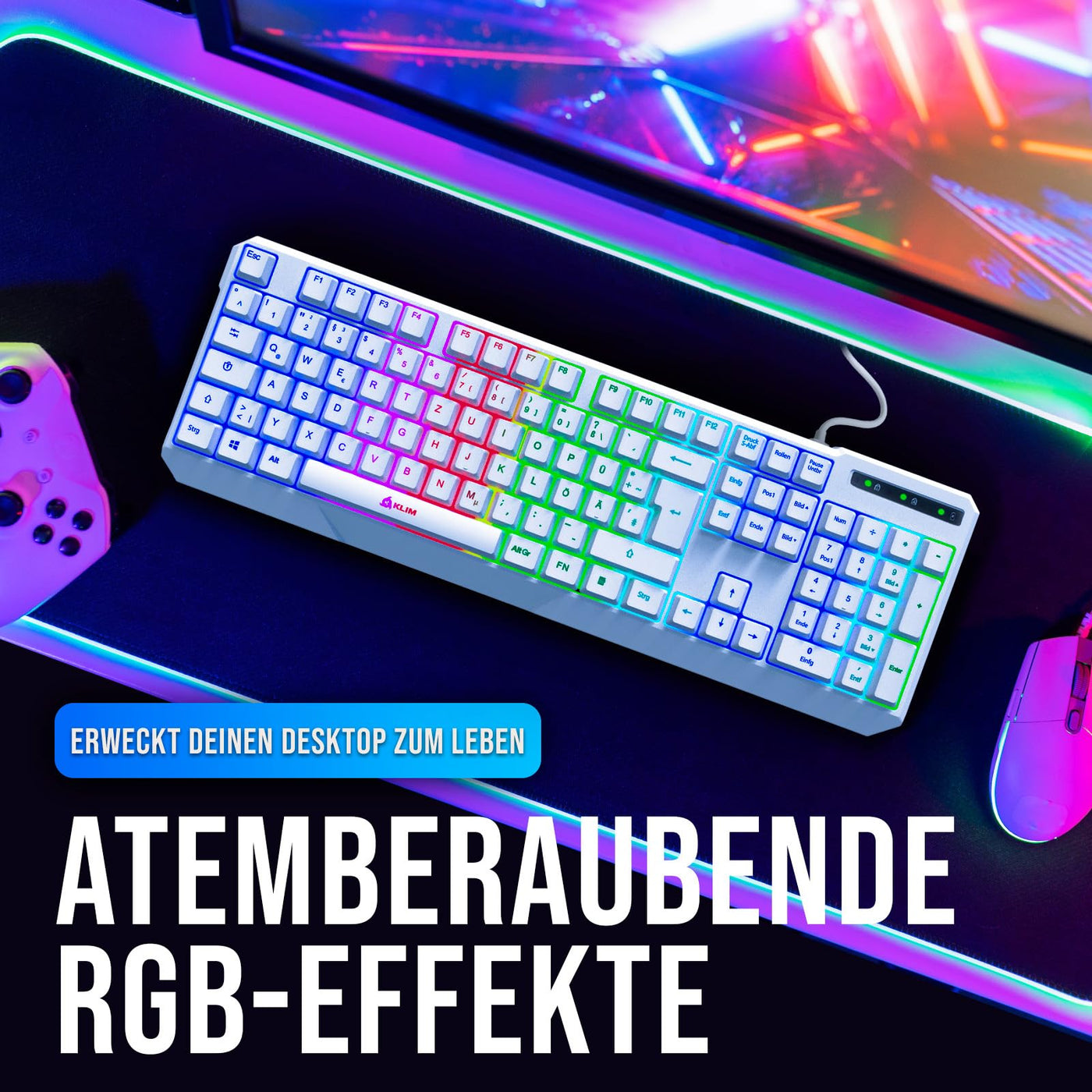 KLIM Chroma Gaming Tastatur QWERTZ DEUTSCH mit Kabel USB + Langlebig, Ergonomisch, Wasserdicht, Leise Tasten + RGB Gamer Tastatur für PC Mac Xbox One X PS4 Tastatur Weiß
