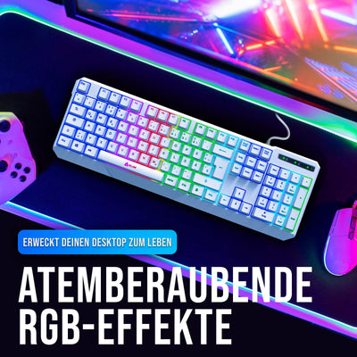 KLIM Chroma Gaming Tastatur QWERTZ DEUTSCH mit Kabel USB + Langlebig, Ergonomisch, Wasserdicht, Leise Tasten + RGB Gamer Tastatur für PC Mac Xbox One X PS4 Tastatur Weiß