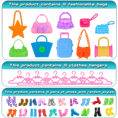 49-teiliges Puppenkleidungs- und Zubehörset für 11,5-Zoll-Mädchenpuppen enthält 3 Lange Kleider, 4 Oberteile, 4 Hosen, 3 Bikinis, 5 Kurze Kleider, 10 Schuhe, 10 Handtaschen, 10 Kleiderbügel