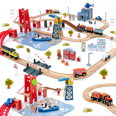 Giant bean Holzeisenbahn Set, 117 Pcs City-Zugset für Kinder Erweiterbares Holzeisenbahn-Set, Kleinkindspielzeug, Geschenk für Jungen und Mädchen ab 3 Jahren